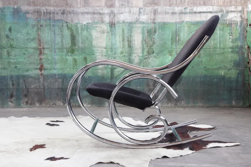 Pamono Sculptural Chrome and Black Velour Rocking Chair in the style of Milo Baughman, 1970s> Rocking Chairs