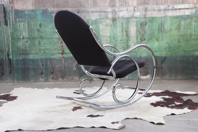 Pamono Sculptural Chrome and Black Velour Rocking Chair in the style of Milo Baughman, 1970s> Rocking Chairs
