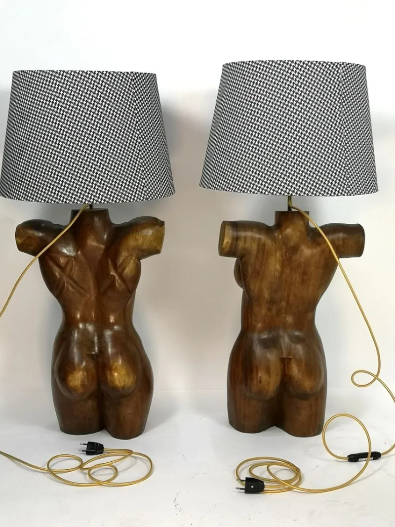 New Pamono Sculptural Solid Wood Torso Lamps, 1970s, Set of 2