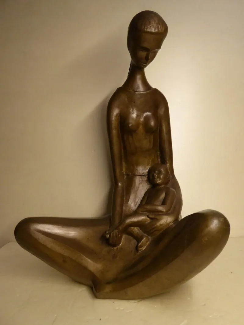 Pamono Seated Mother with Child, 1970s, Bronze
