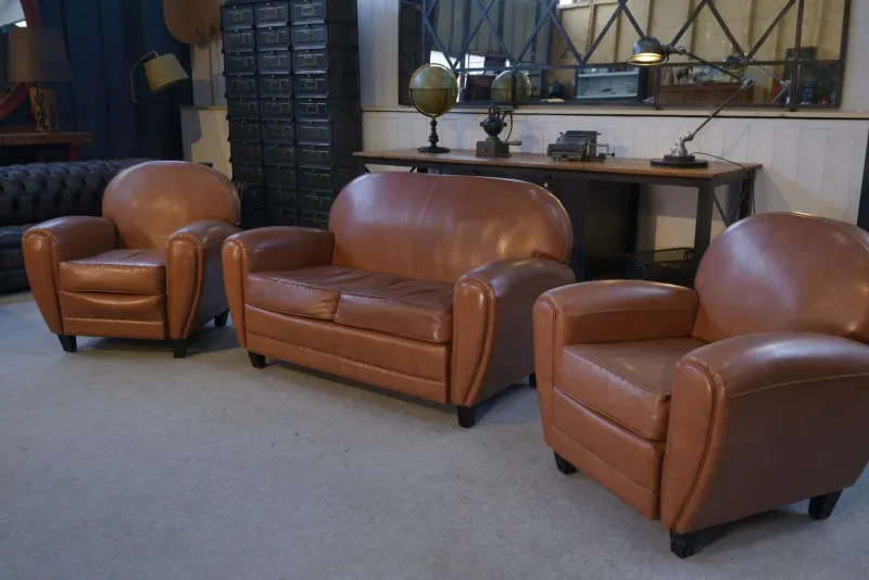 Pamono 2-Seater Sofa and Club Armchairs in Faux Leather, 1980s, Set of 3