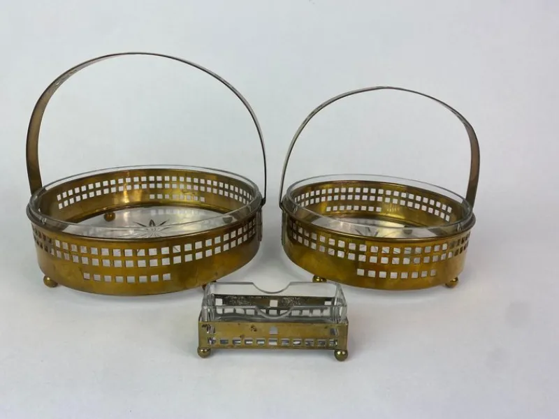 Pamono Secessionist Brass Baskets and Toothpick Holder attributed to Hans Ofner / Josef Hoffmann, 1890s, Set of 3> Trunks Crates & Baskets