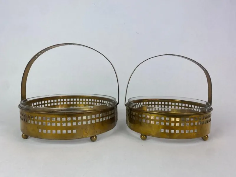 Pamono Secessionist Brass Baskets and Toothpick Holder attributed to Hans Ofner / Josef Hoffmann, 1890s, Set of 3> Trunks Crates & Baskets