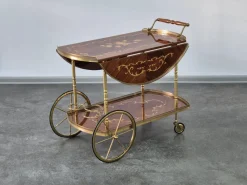 Pamono Serving Drink Bar Cart Trolley with Side Flaps in Marquetry Inlays, 1970s> Serving Bar Carts & Trolleys