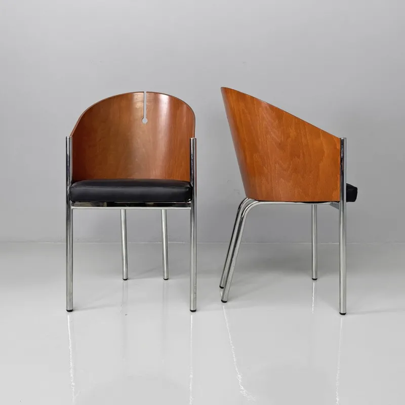 Pamono Set of Italian Modern Wood Metal and Leather King Costes Chairs by Philippe Starck, 1984> Office Chairs