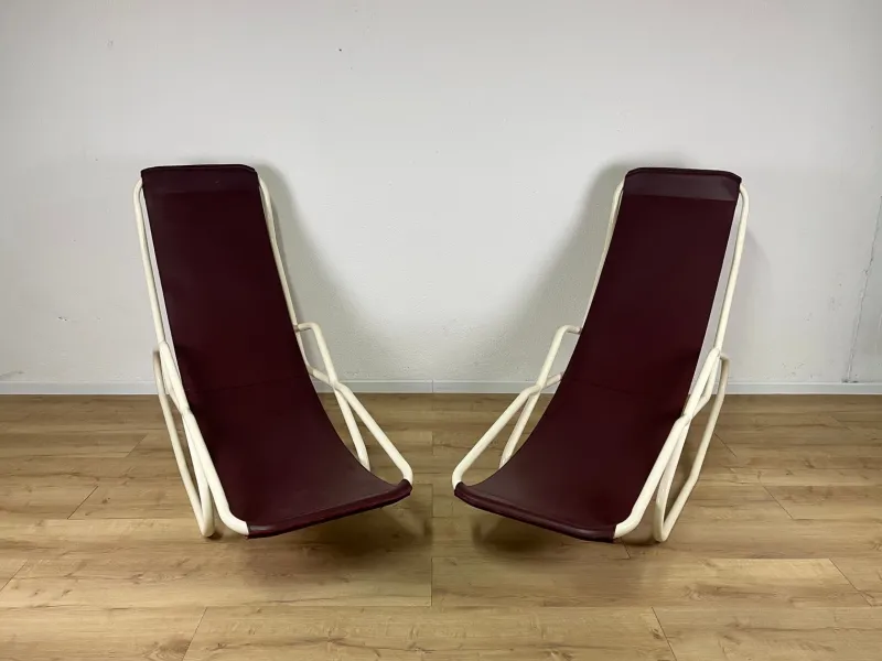 Pamono Set of Italian Painted Iron and Leather Deckchairs, 1950s> Daybeds & Chaises Lounges