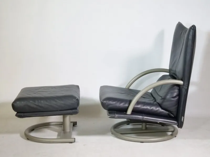 Pamono Set of Leather BMP 418 Swivel Chair and Ottoman from Rolf Benz, 1980s> Office Chairs