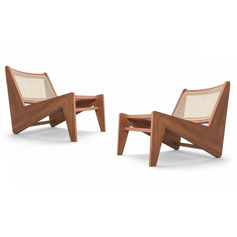 Best Pamono Set of Low Kangaroo Armchairs in Wood and Woven Viennese Cane by Pierre Jeanneret for Cassina