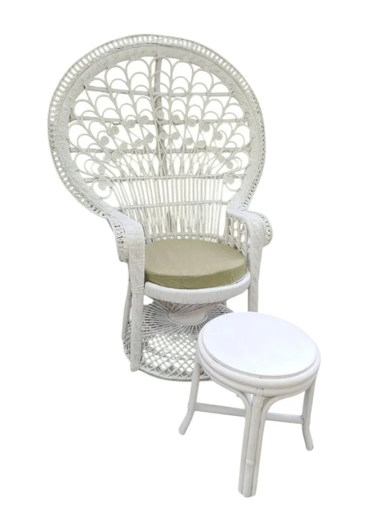 Sale Pamono Set of Mid-Century White Rattan & Wicker Peacock Chair and Ottoman, 1970s