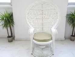 Sale Pamono Set of Mid-Century White Rattan & Wicker Peacock Chair and Ottoman, 1970s