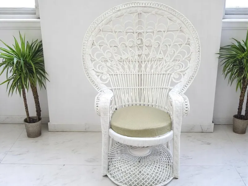 Sale Pamono Set of Mid-Century White Rattan & Wicker Peacock Chair and Ottoman, 1970s