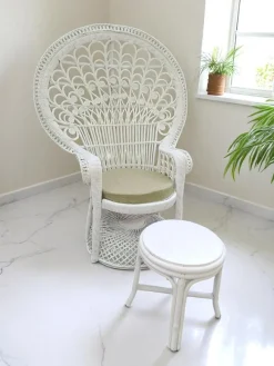 Sale Pamono Set of Mid-Century White Rattan & Wicker Peacock Chair and Ottoman, 1970s