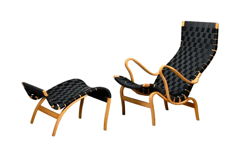 Outlet Pamono Set of Pernilla Easy Chair and Ottoman in Beech and Black Upholstery by Bruno Mathsson for Dux, 1970s