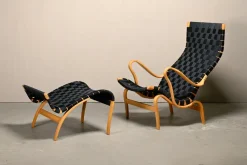 Outlet Pamono Set of Pernilla Easy Chair and Ottoman in Beech and Black Upholstery by Bruno Mathsson for Dux, 1970s