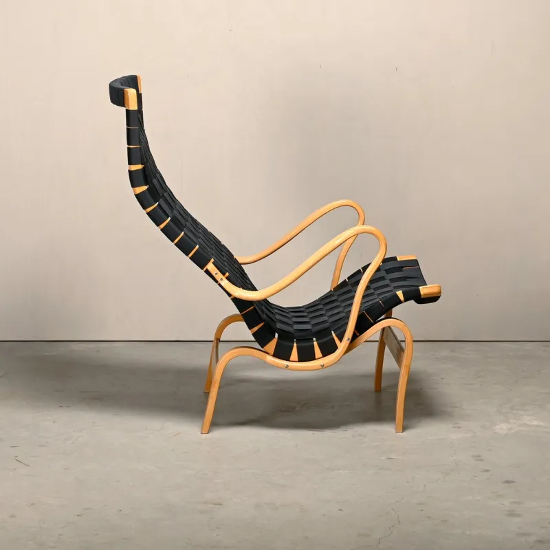Outlet Pamono Set of Pernilla Easy Chair and Ottoman in Beech and Black Upholstery by Bruno Mathsson for Dux, 1970s