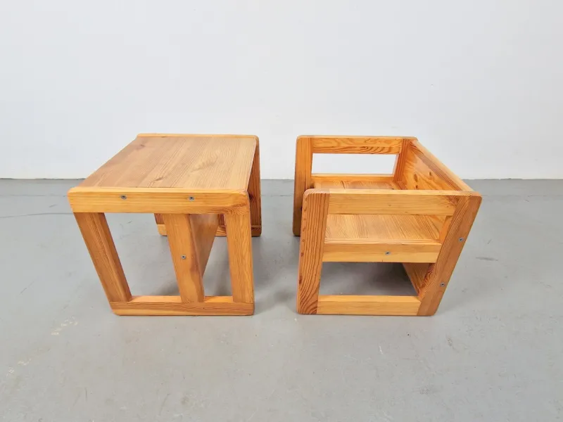 Pamono Set of Pine Children's Table Chairs by Marcel Gascoin, France, 1970s> Garden Tables