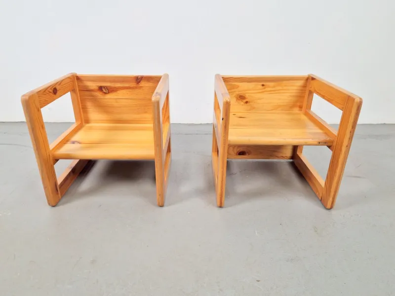 Pamono Set of Pine Children's Table Chairs by Marcel Gascoin, France, 1970s> Garden Tables