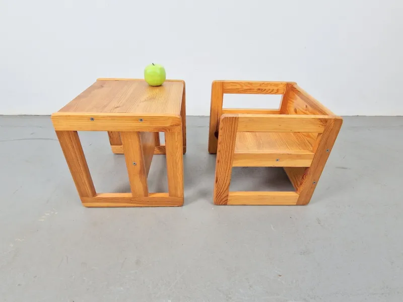 Pamono Set of Pine Children's Table Chairs by Marcel Gascoin, France, 1970s> Garden Tables