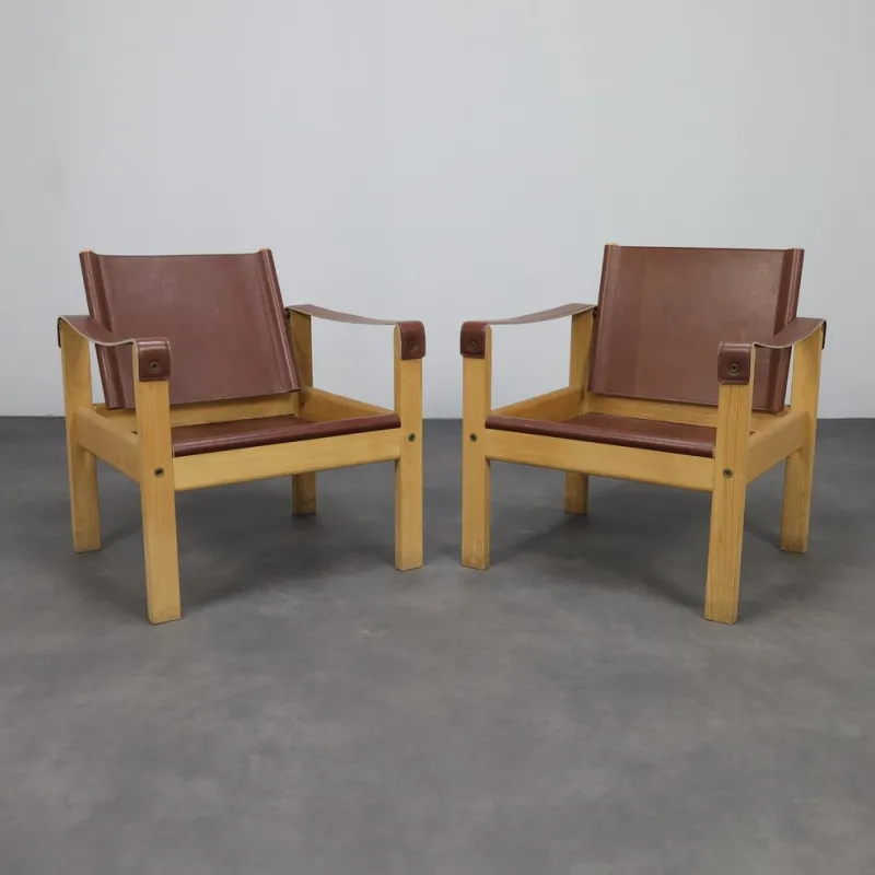 New Pamono Set of Vintage Lounge Chairs in Teak and Saddle Leather by Karl Heinz Bergmiller for Escriba, 1970s