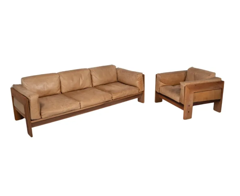 Pamono Set of Wood & Leather Bastiano Seating Set by Tobia Scarpa for Gavina, Italy, 1960s> Living Room Sets