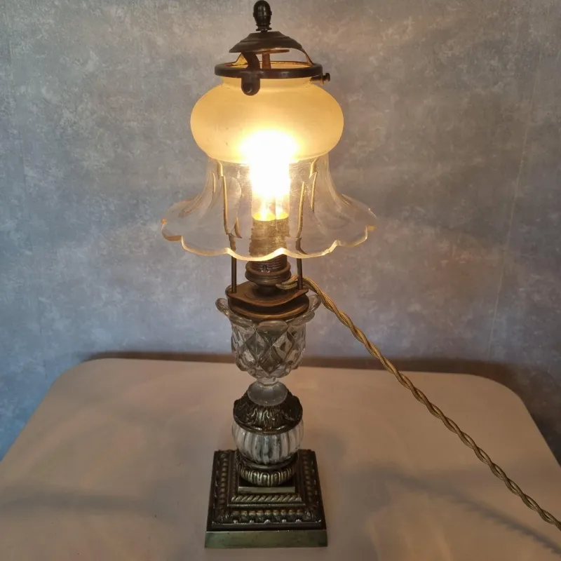 Pamono Shaped Crystal, Bronze and Brass Desk Lamp, Early 1900s> Table Lamps