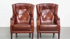 Pamono Sheepskin Chesterfield Armchairs and Ottoman, Set of 3> Lounge Chairs & Armchairs