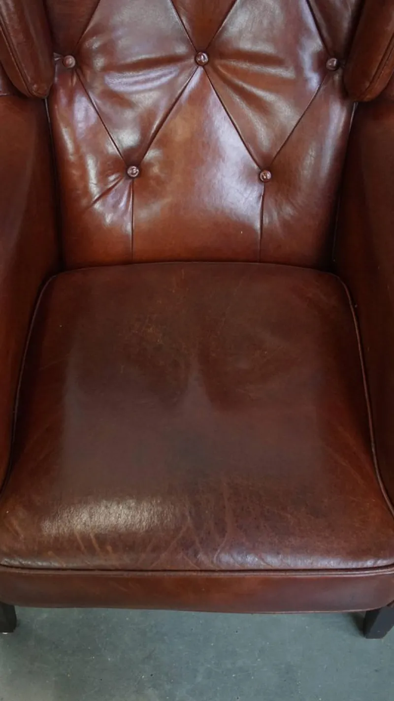 Pamono Sheepskin Chesterfield Armchairs and Ottoman, Set of 3> Lounge Chairs & Armchairs