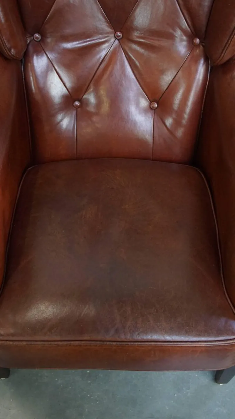 Pamono Sheepskin Chesterfield Armchairs and Ottoman, Set of 3> Lounge Chairs & Armchairs