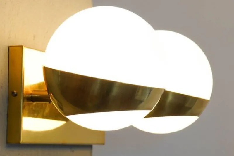 Discount Pamono Siderale Twin Shades Brass and Lattimo Glass Sconce by Silvio Piattelli