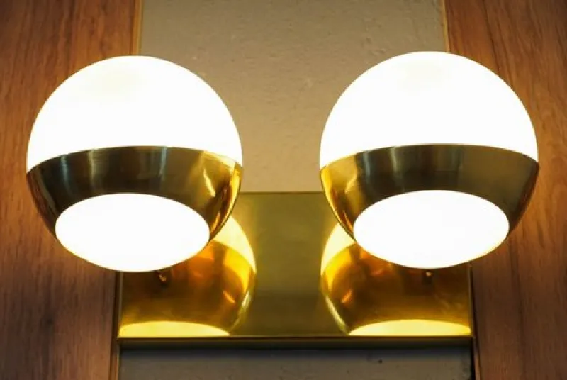 Discount Pamono Siderale Twin Shades Brass and Lattimo Glass Sconce by Silvio Piattelli