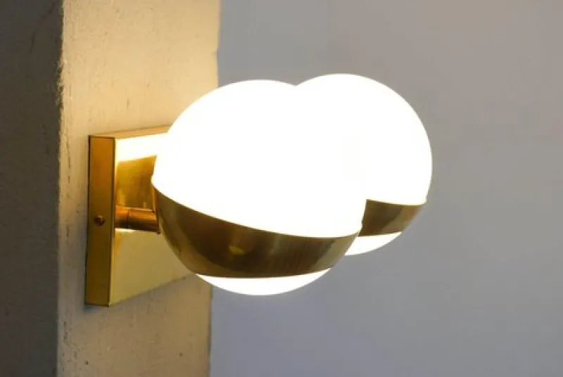 Discount Pamono Siderale Twin Shades Brass and Lattimo Glass Sconce by Silvio Piattelli