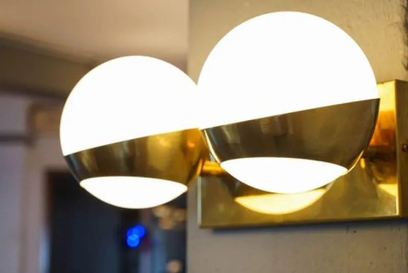Discount Pamono Siderale Twin Shades Brass and Lattimo Glass Sconce by Silvio Piattelli