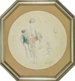 Discount Pamono Sigfrido Oliva, At the Beach, Pencil and Watercolor, 1980s, Framed
