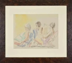 Online Pamono Sigfrido Oliva, At the Beach, Pencil and Watercolor, 1980s, Framed