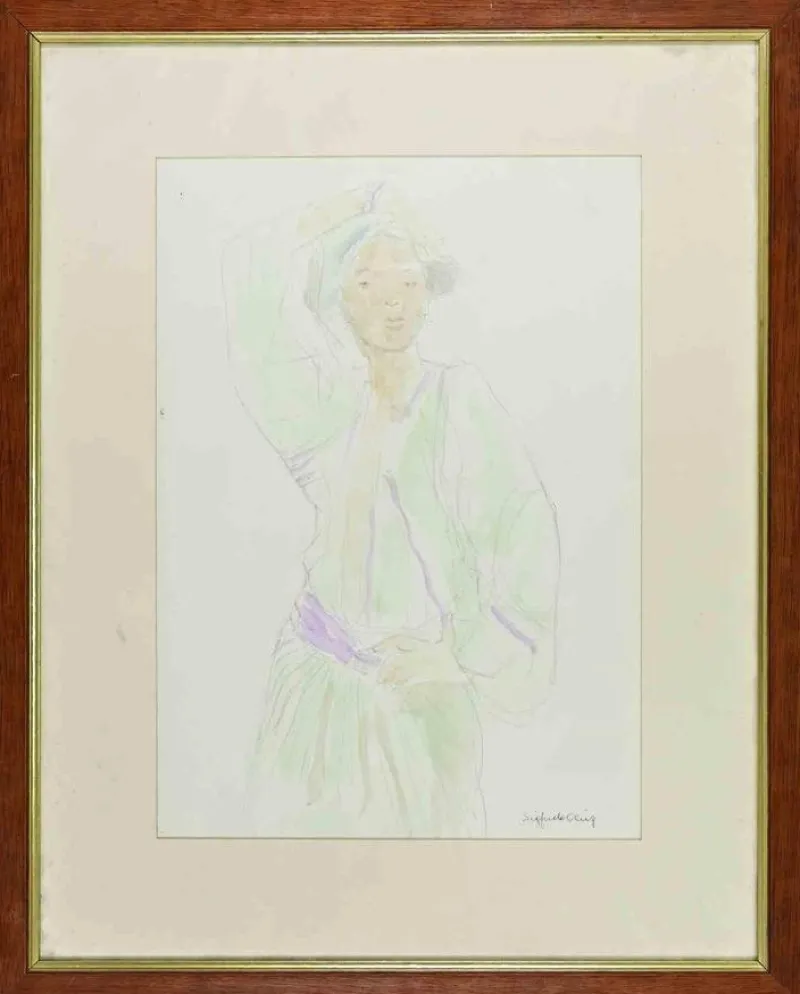 Online Pamono Sigfrido Oliva, Woman, Pencil and Watercolor, 1980s, Framed