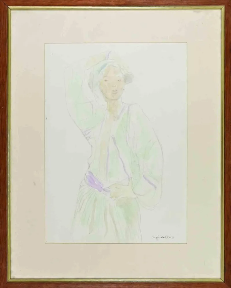 Online Pamono Sigfrido Oliva, Woman, Pencil and Watercolor, 1980s, Framed