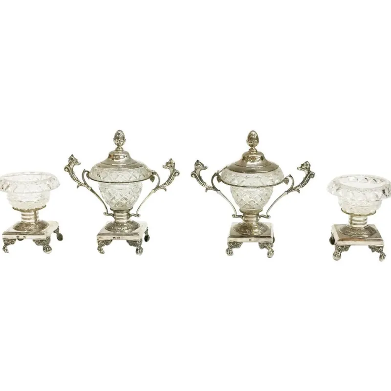 Pamono Silver & Crystal Serving Set with 2 Small Candy Dishes and 2 Salt Cellars, Set of 4> Salt & Pepper Shakers