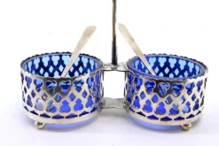 Clearance Pamono Silver and Blue Glass Salt Shaker with Round Feet, Set of 3