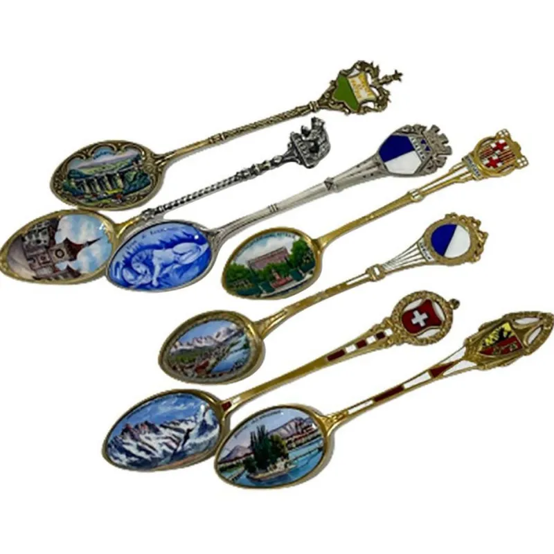 Clearance Pamono Silver and Enamel Spoons from Various Places in Europe, Set of 7