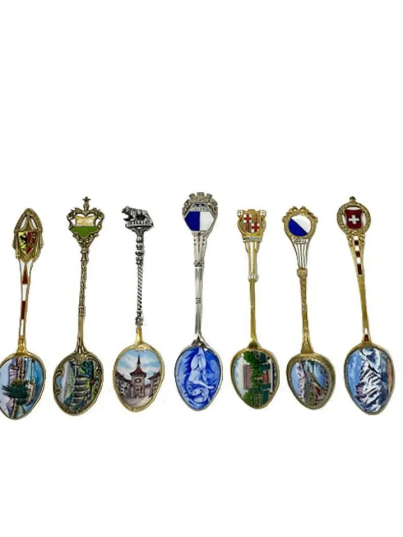 Clearance Pamono Silver and Enamel Spoons from Various Places in Europe, Set of 7