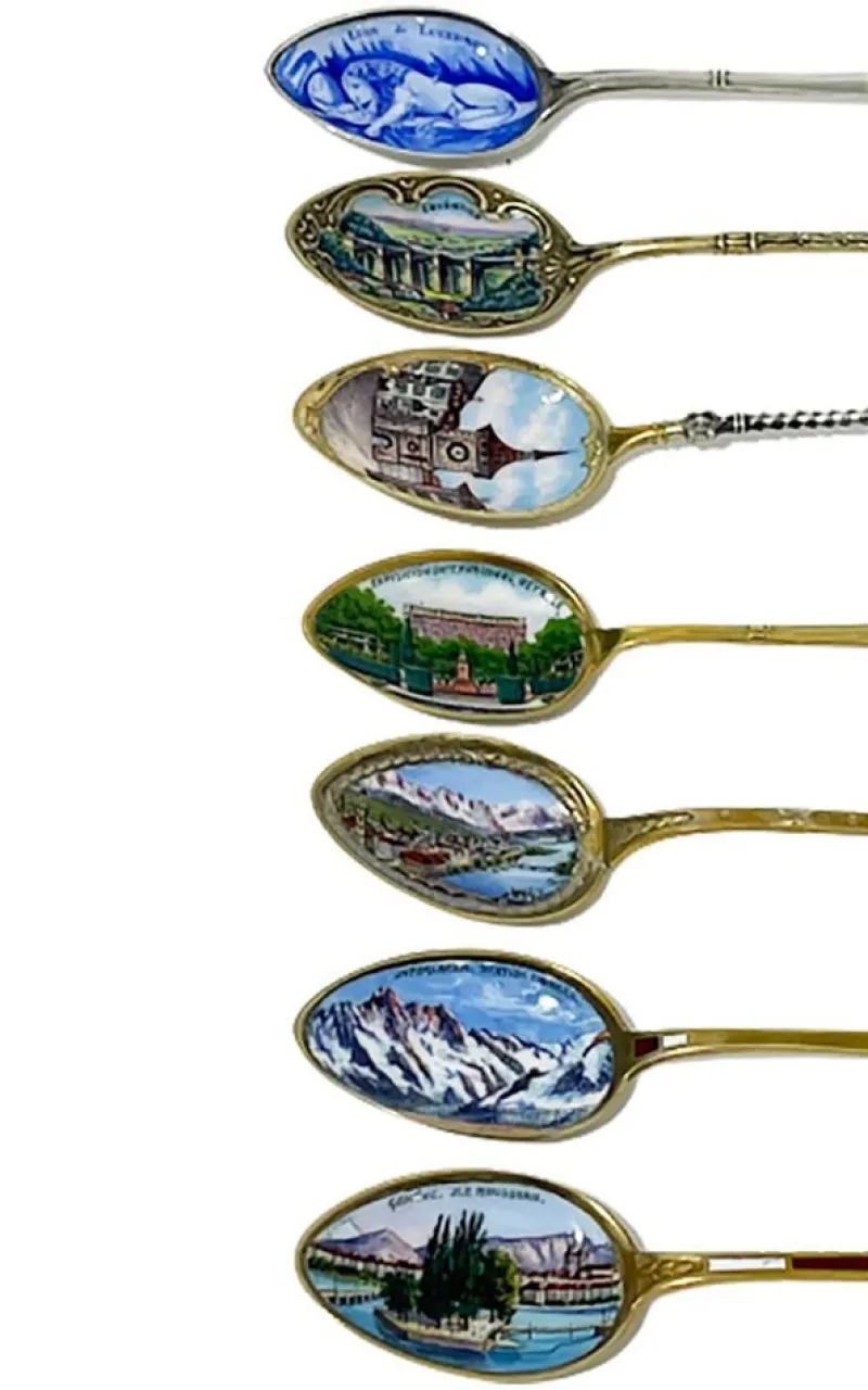 Clearance Pamono Silver and Enamel Spoons from Various Places in Europe, Set of 7