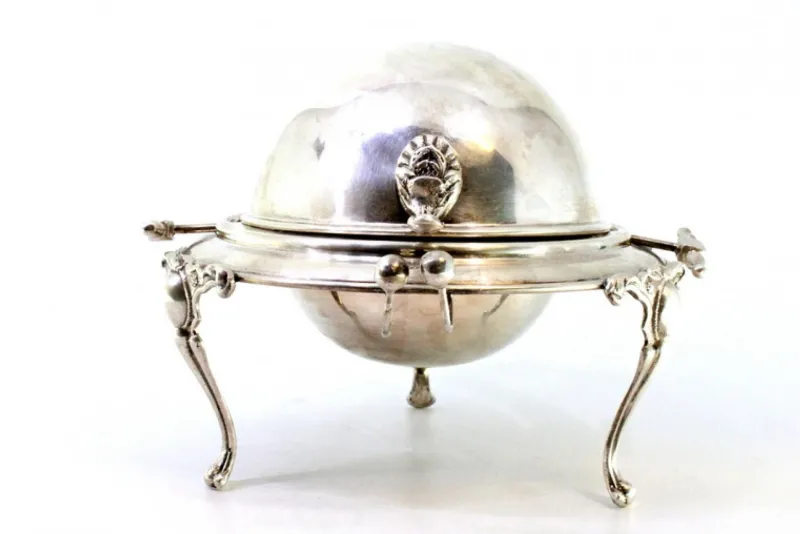 Clearance Pamono Silver and Glass Caviar Bowl with Applications, Knob Lid and Claw-Shaped Feet
