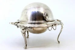 Clearance Pamono Silver and Glass Caviar Bowl with Applications, Knob Lid and Claw-Shaped Feet