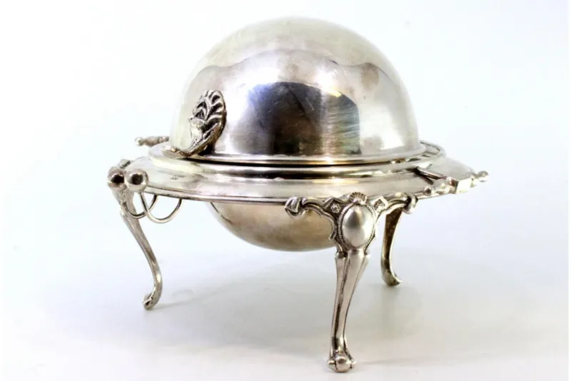Clearance Pamono Silver and Glass Caviar Bowl with Applications, Knob Lid and Claw-Shaped Feet