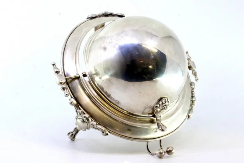 Clearance Pamono Silver and Glass Caviar Bowl with Applications, Knob Lid and Claw-Shaped Feet