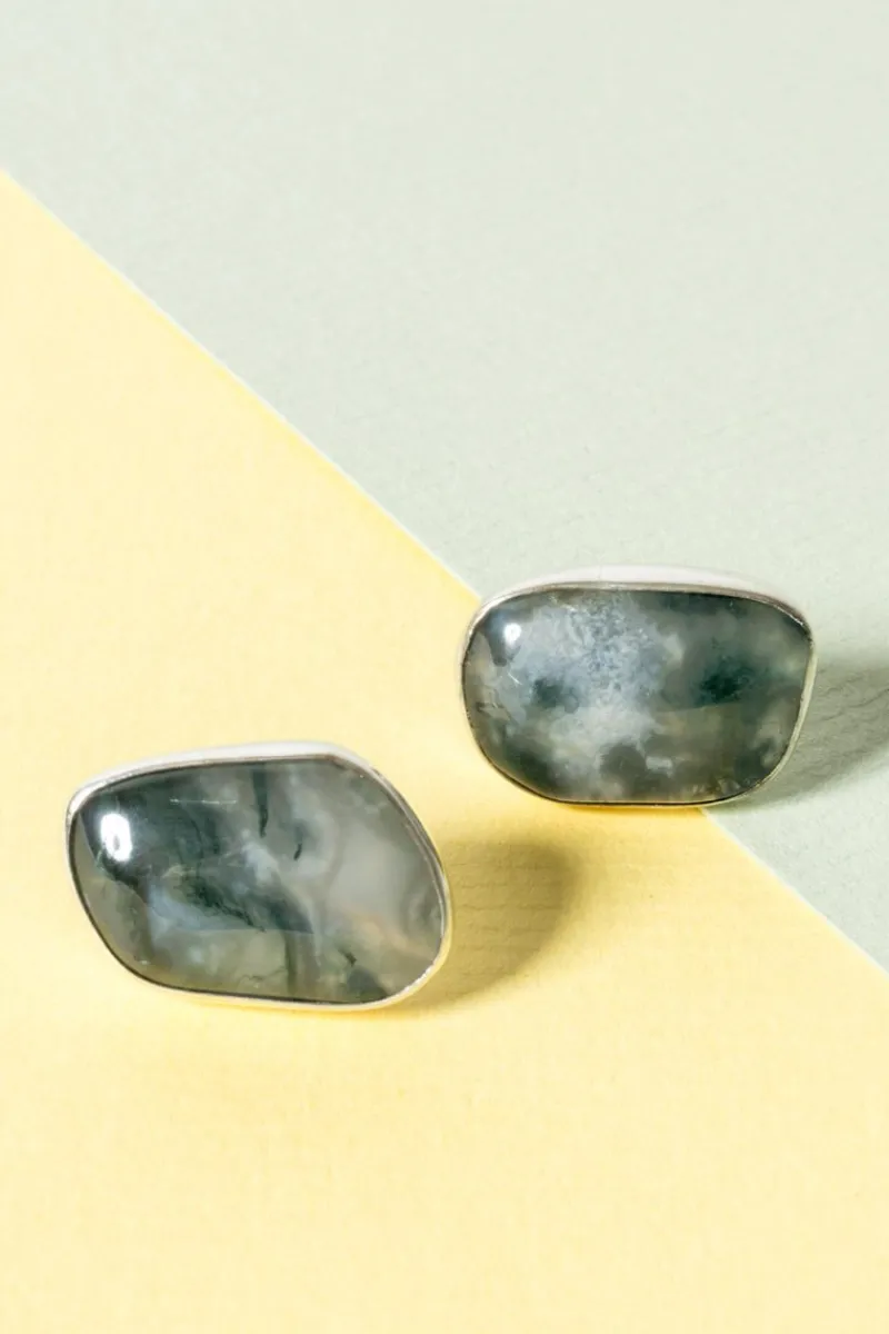 Pamono Silver and Moss Agate Earrings from Gussi, 1957, Set of 2> Earrings