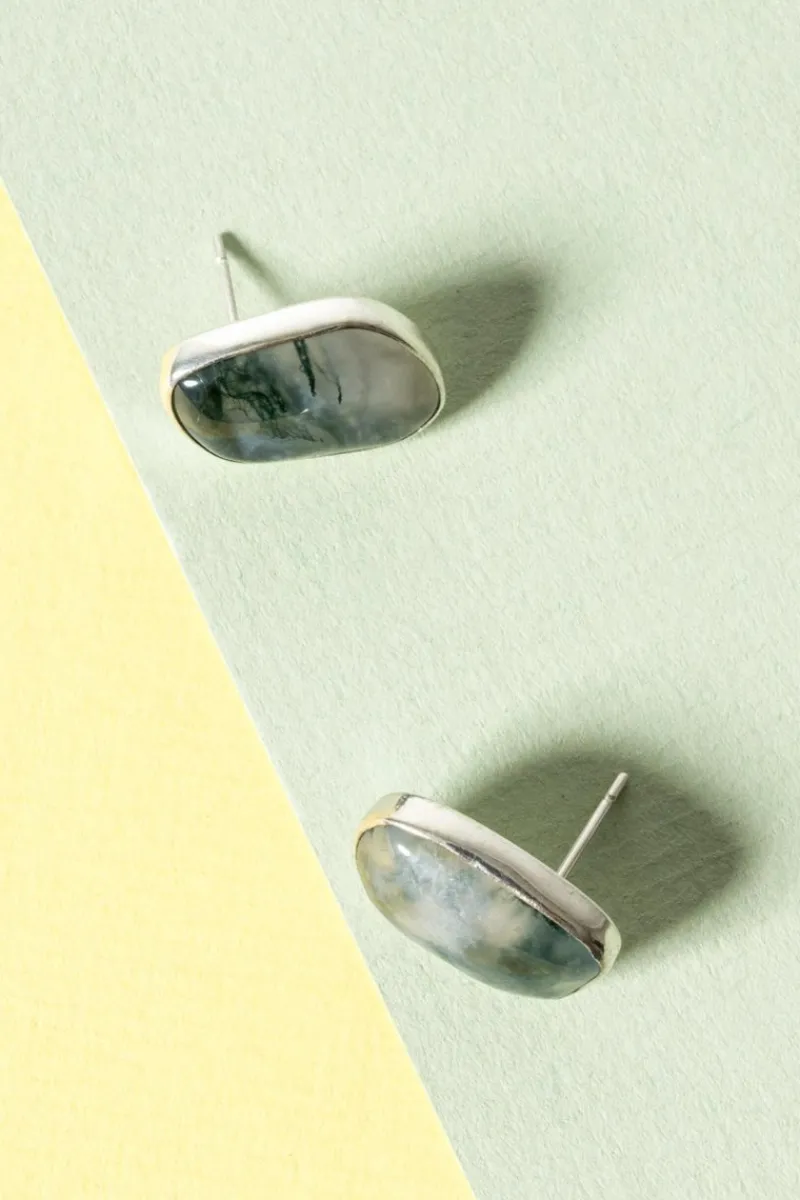 Pamono Silver and Moss Agate Earrings from Gussi, 1957, Set of 2> Earrings