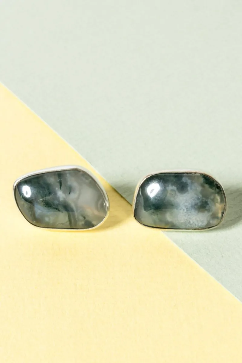 Pamono Silver and Moss Agate Earrings from Gussi, 1957, Set of 2> Earrings