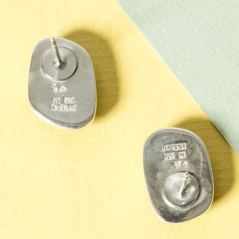 Pamono Silver and Moss Agate Earrings from Gussi, 1957, Set of 2> Earrings
