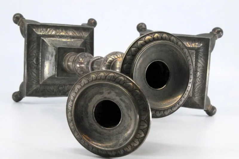 Pamono Silver Candlesticks with Turned and Embossed Shafts, Set of 2> Candleholders